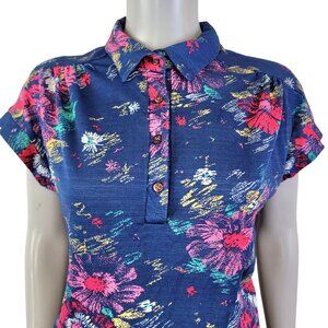 Eccobay Vintage 70s Floral Shirt Women XL 14 Blue Short Sleeve Collar Blouse Top